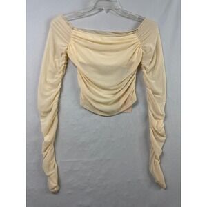 SHEINBAE Ruched Mesh Top Women Large Ivory NEW Off Shoulder Long Sleeve Crop